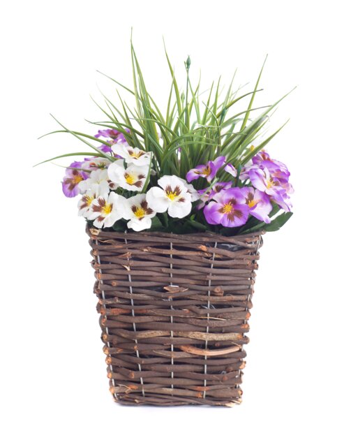 Best Artificial Pre-Made 44cm Purple & White Pansy Flowers in Rattan Wicker Planter Pot - Suitable For Outside Use Purple Purple and White 1