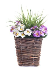 Best Artificial Pre-Made 44cm Purple & White Pansy Flowers in Rattan Wicker Planter Pot - Suitable For Outside Use Purple Purple and White 1