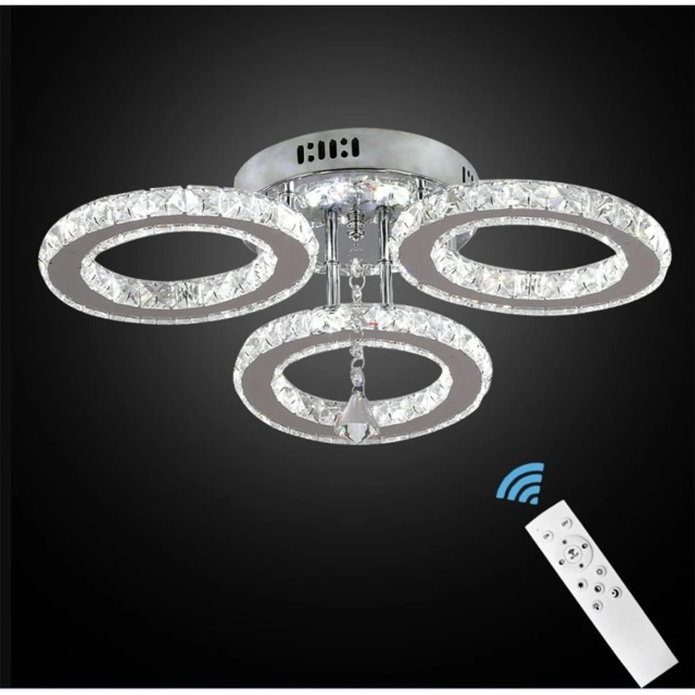 LED Ceiling Light Silver Dimmable Crystal Chandelier Remote Control 3 Rings