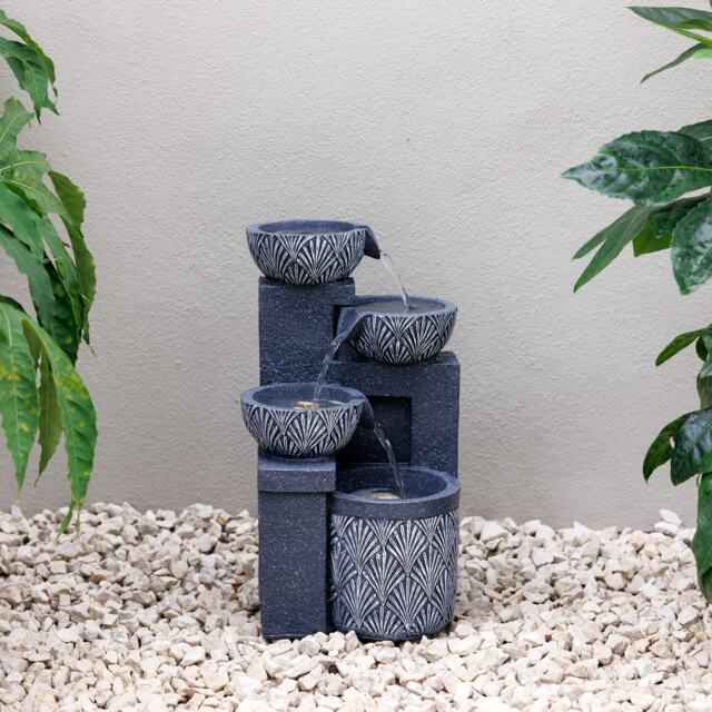 Primrose Talla 3 Tiered Stacked Bowls Grey Outdoor Water Feature with LEDs 41cm