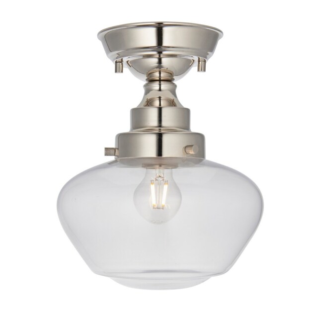 Camberley Bowl Semi Flush Ceiling Light Bright Nickel Plate, Clear Glass, 1x E27