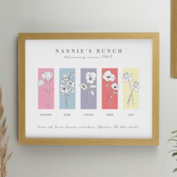 Personalised Birth Flower Family of 5 Oak Framed Print Brown One Size