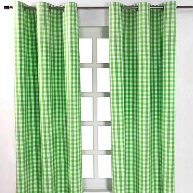 Homescapes Cotton Block Check Gingham Eyelet Curtains - 117 x 137 cm Green Green