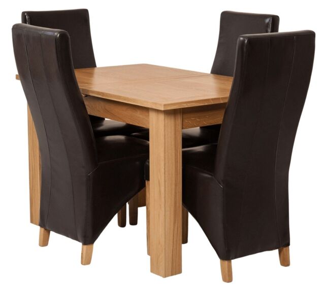 Hampton 120-160cm Oak Extending Dining Table and 4 Lola Leather Chairs Brown Brown