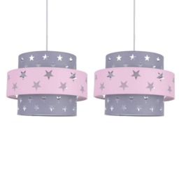 Pair of Pink and Grey Star Two Tier Light Shades Grey Pink Large 2