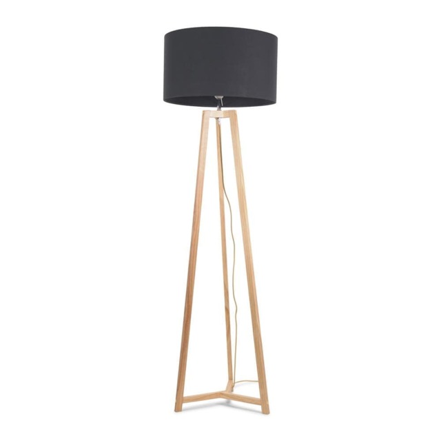 ValueLights Lottie Natural Wood Tripod Floor Lamp Charcoal Shade Grey