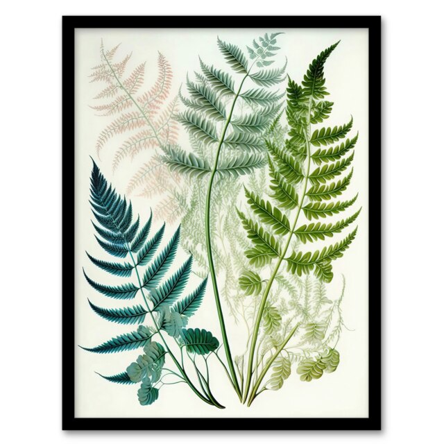 Elegant Fern Fronds Foliage Linocut Green Leaf Black Framed Wall Art Print A4