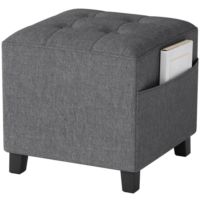 HOMCOM Square Footstool, Small Ottoman with Side Pocket, Linen Fabric Footrest Foot Stool with Rubber Wood Legs and Padded Seat for Living Room, Bedroom, Entryway, 35 35 35cm, Grey Grey 1