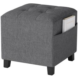 HOMCOM Square Footstool, Small Ottoman with Side Pocket, Linen Fabric Footrest Foot Stool with Rubber Wood Legs and Padded Seat for Living Room, Bedroom, Entryway, 35 35 35cm, Grey