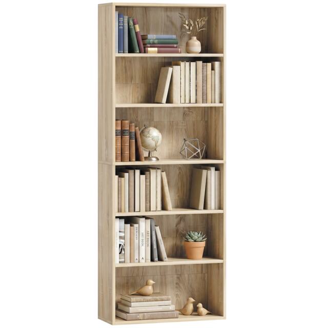 HOMCOM 6 Tier Bookshelf, Freestanding Bookcase with Adjustable Shelves, Oak
