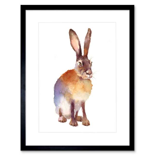 "Hare Rabbit Woodland Creature Animal Watercolour 9x7"" Black Framed Wall Art Print"