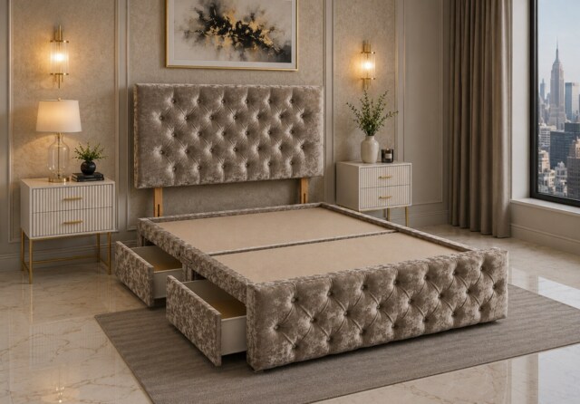 Brooklyn Divan Bed with Upholstered Headboard & Footboard Base - Double Brown Crush 2 Drawers Storage Right Side in Bed
