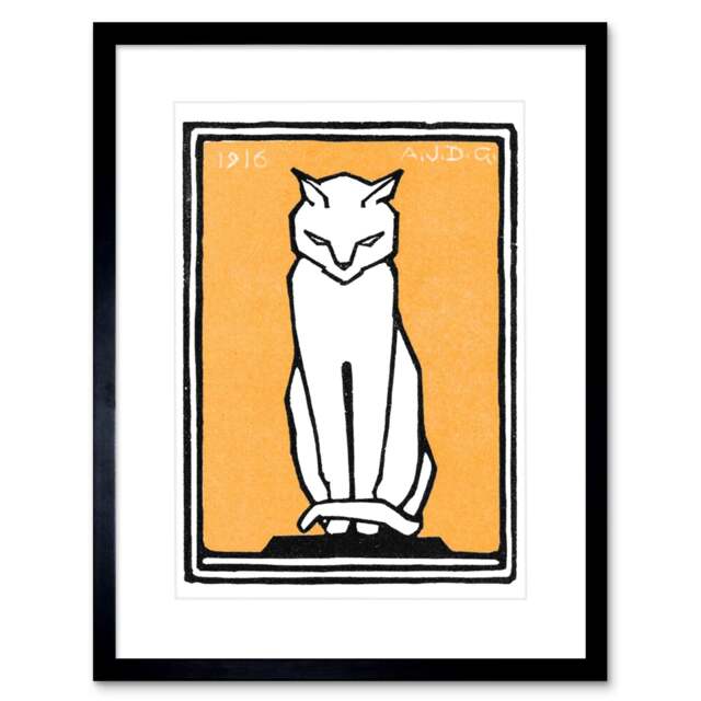 "Sitting Cat 1916 Bold Yellow Julie De Graag 9x7"" Black Framed Wall Art Print"