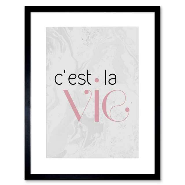 "Marble Pink C'est La Vie That's Life French Quote 9x7"" Black Framed Wall Art Print"