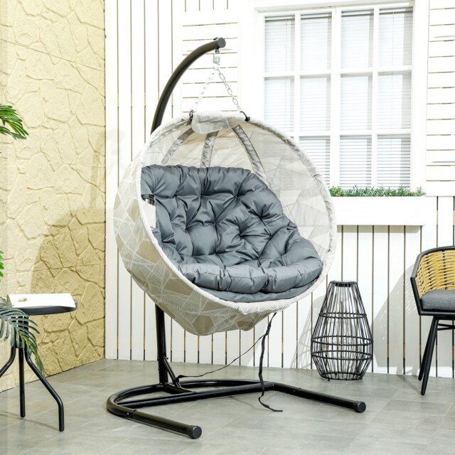 Outsunny Hanging Egg Chair Outdoor Indoor Garden Swing Chair with Folding Basket, Garden Hanging Chair with Stand, Thickened Cushion, Cup Holder for Patio, Balcony, Grey Grey Grey