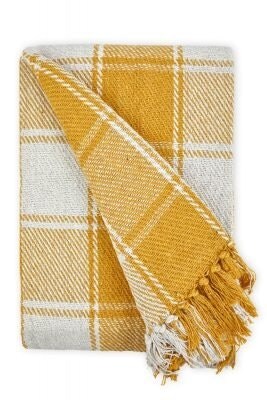 "Comfy Check Collection Recycled Cotton Throw in Ochre (90"" x 100"") Yellow Yellow"