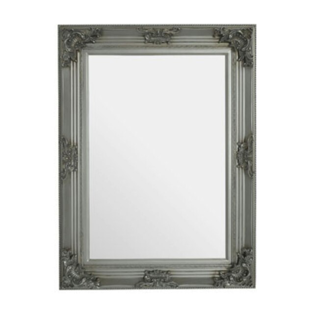 Baroque Rectangle Silver Wall Mirror,Metallic Ornate Floral Framed Hanging Mirror,Intricate Silver Mirror Silver