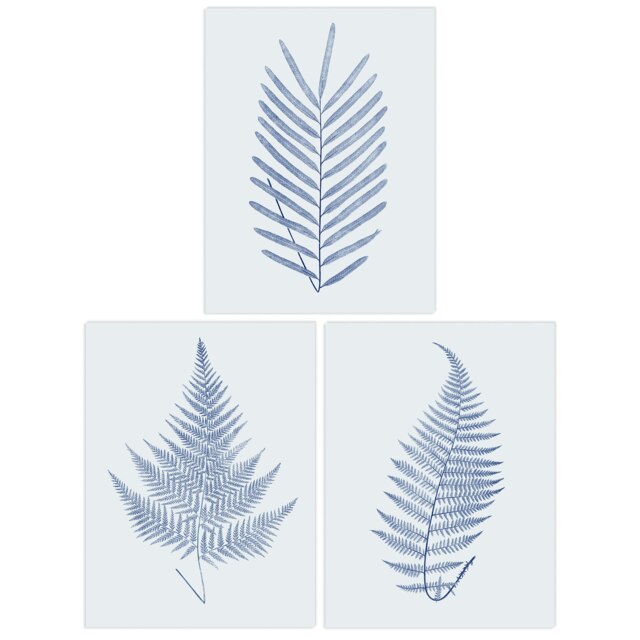 Set of 3 Elegant Fern Leaf Frond Blue Grey Botanical Home Decor Wall Art Print A4