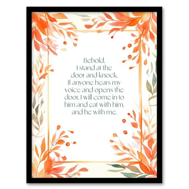 Behold Stand At Door Knock Orange Bible Quote Black Framed Wall Art Print A8