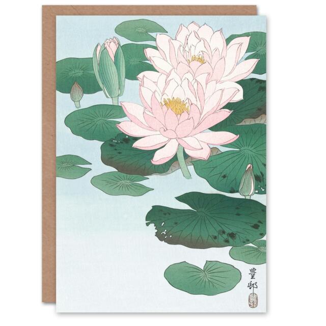 Ohara Koson Japanese Art Card Water Lily Pads Pink Flower Bloom