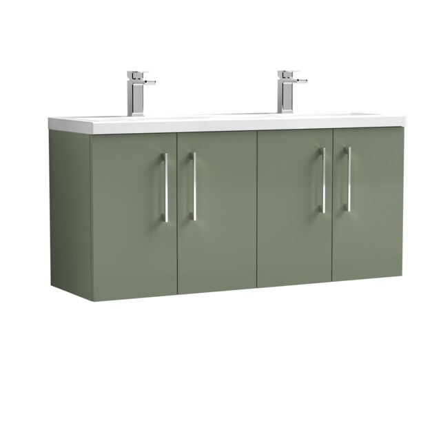 Balterley Level Wall Hung 4 Door Double Basin Vanity Unit with Handles for Modern Bathroom Storage Green Satin Green
