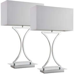 2 PACK Modern Table Lamp Light Chrome Metal & White Shade Square Desk Sideboard