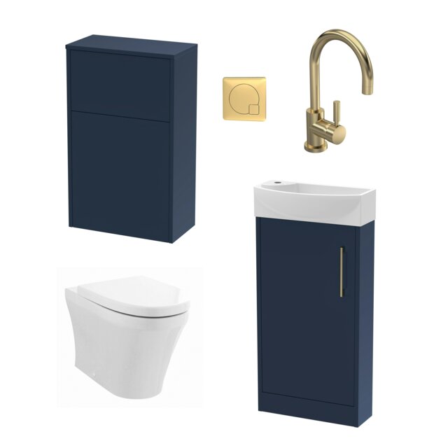 Cloakroom Suite - Right Hand 440mm Vanity, WC Unit, Toilet and Tap - Blue/Brass Blue