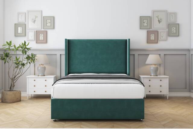 "Sloomy Devonshire Emerald Plush Divan Bed With Mattress 2 Drawers Footend With 54"" Wingback Headboard 4' Small Double Green Emerald Small Double 1"
