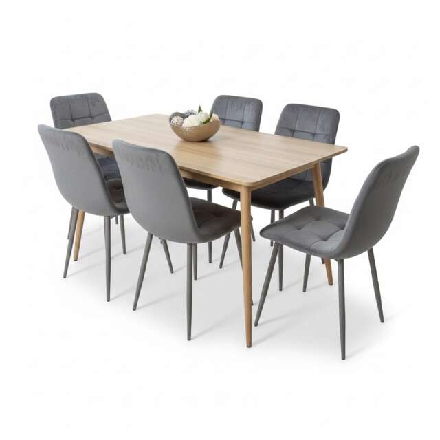Dining Table and 6 Chairs Wood Effect 6 Grey Velvet Chairs Dining Set