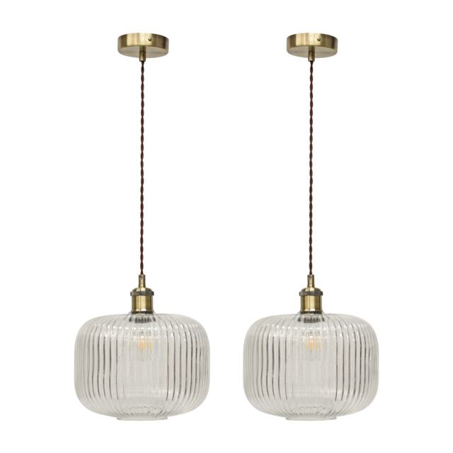 Set of 2 Batley Large - Clear Rib Glass Antique Brass Retro Pendants