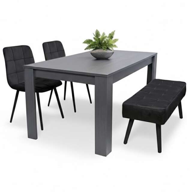 Dining Table and 2 Chairs With Black Bench, 2 Black Velvet Chairs Wood Dining Set Furniture