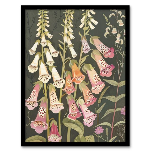 Foxglove Digitalis Floral Spring Botanical Black Framed Wall Art Print A4