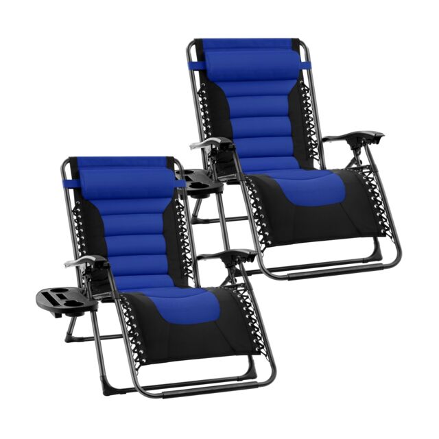 Groundlevel 2x Luxury Gravity Garden Adjustable Sun Lounger Relaxer Chair Blue Blue