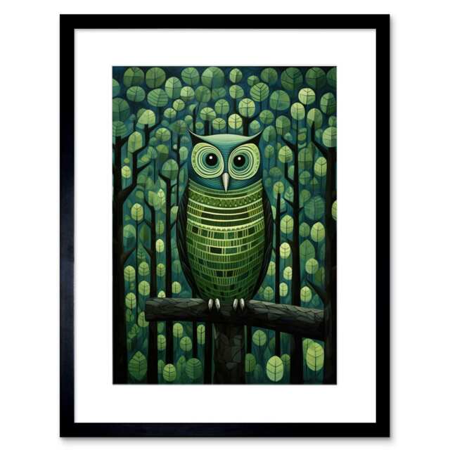 "Sage Green Owl Perched Geometric Forest 9x7"" Black Framed Wall Art Print"