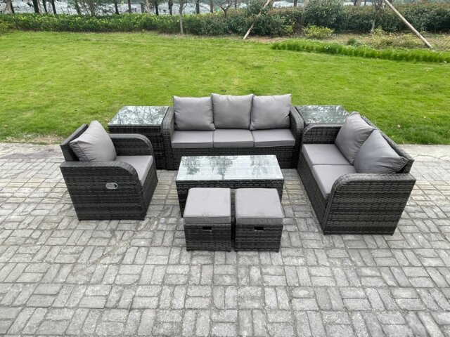 Fimous High Back Rattan Garden Furniture Set with Loveseat Sofa Rectangular Coffee Table 2 Side Tables 2 Small Footstools Indoor Outdoor Patio Lounge Sofa Set Dark Grey Mixed