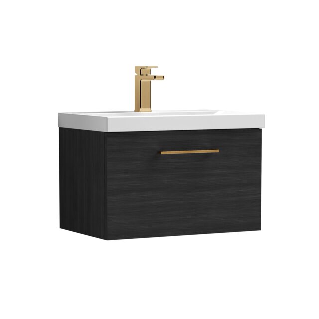 Balterley Wall Hung Bathroom 1 Drawer Vanity Unit and 1 Tap Hole Ceramic Basin, with Handle Black Charcoal Black