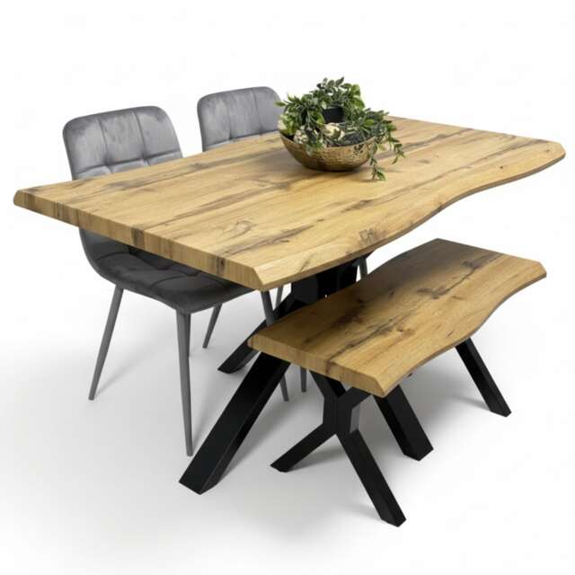 Wooden Dining Table X-Shaped Legs with 2 Grey Velvet Chairs and Bench - Dining Kitchen Room Furniture