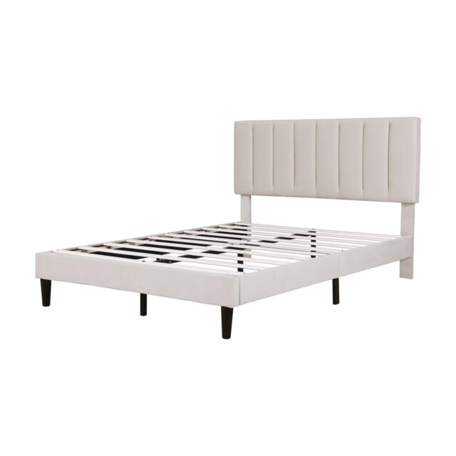 London Boutique Beige Velvet Upholstered Double Platform Bed Frame Adjustable Channel Tufted Headboard Solid Wood Slat Support No Box Spring Required Easy Assembly 1 Pack