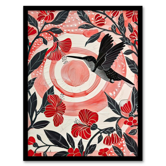 Hibiscus Flowers Hummingbird Red Sunset Sun Black Framed Wall Art Print A4