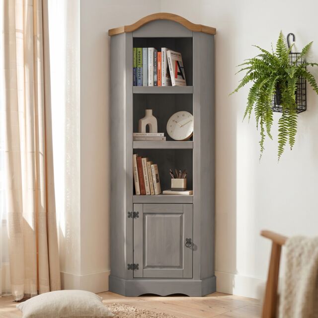 Mercers Furniture Corona Grey Wax Corner Display Unit 1 Door 3 Shelf Bookcase Open Storage Solid Wood Pine Wooden with Mexican Styling