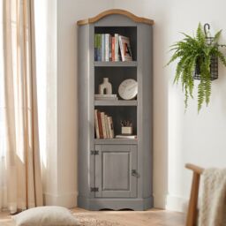 Mercers Furniture Corona Grey Wax Corner Display Unit 1 Door 3 Shelf Bookcase Open Storage Solid Wood Pine Wooden with Mexican Styling