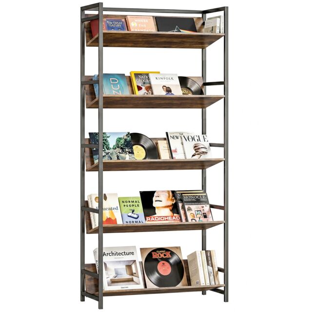 HOMCOM Bookcase Anti-Slip Design 5-Tier Brown Rustic Brown 80W x 35D x 174H cm
