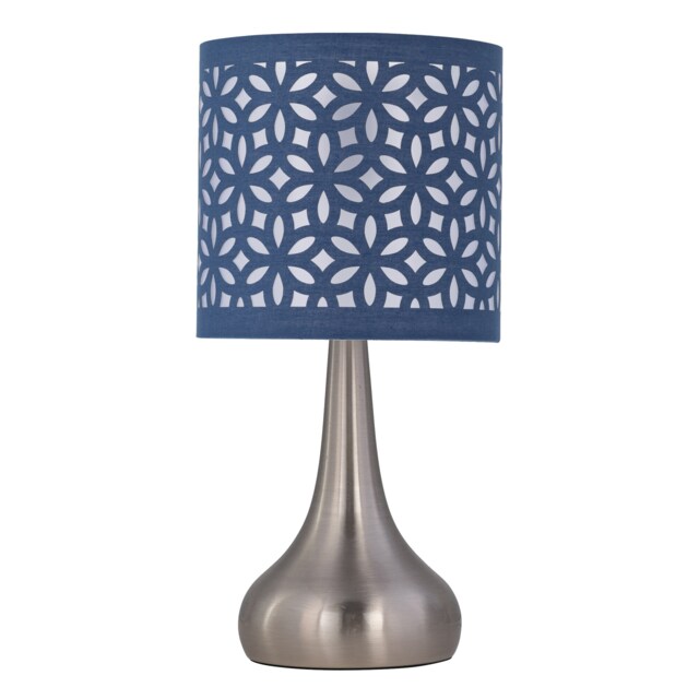 Romana - Brushed Chrome Touch Table Lamp with Navy Blue Laser Cut Chrome Satin nickel plate and navy blue cut out cotton 1