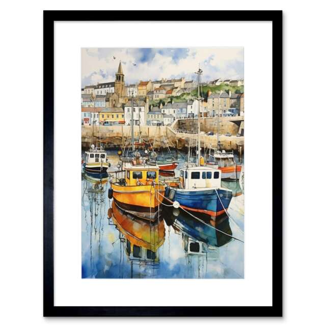 "Penzance Harbour Fishing Trawler Boats Watercolour 9x7"" Black Framed Wall Art Print"