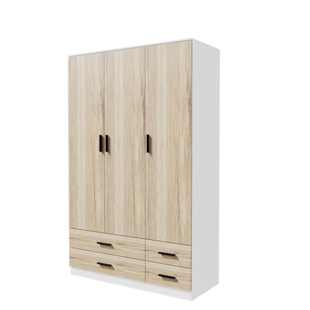 3 Door 4 Drawer Wardrobe With Hanging Rail And Storage Shelf White White Carcass & Oak Door 1