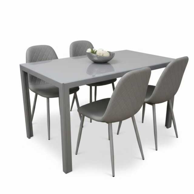 Glass Dining Table with 4 Grey Faux Leather Chairs Modern Kitchen Dining Room Set