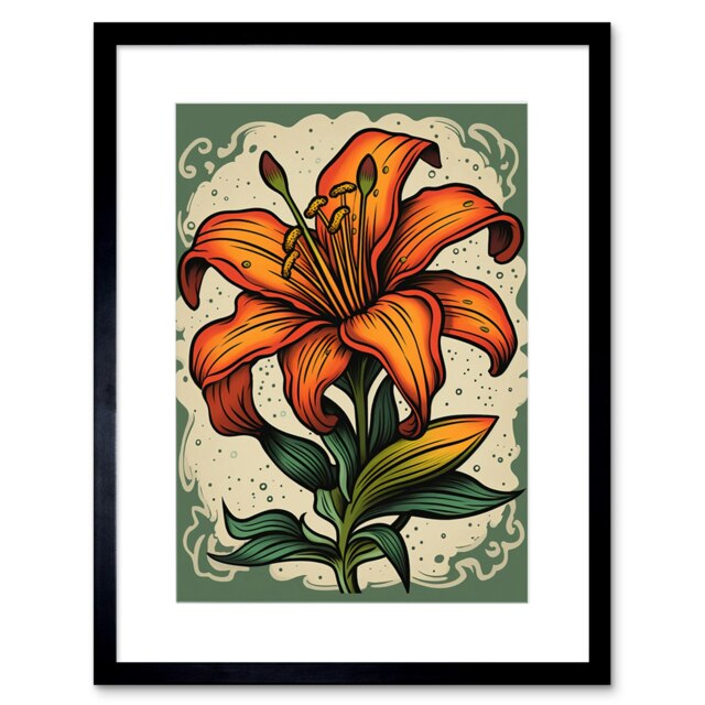 "Old School USA Tattoo Body Orange Lily Americana 50s 9x7"" Black Framed Wall Art Print"