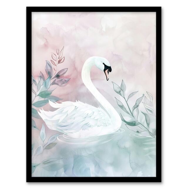 Swan Lake Pink Green Watercolour Living Room Black Framed Wall Art Print A4