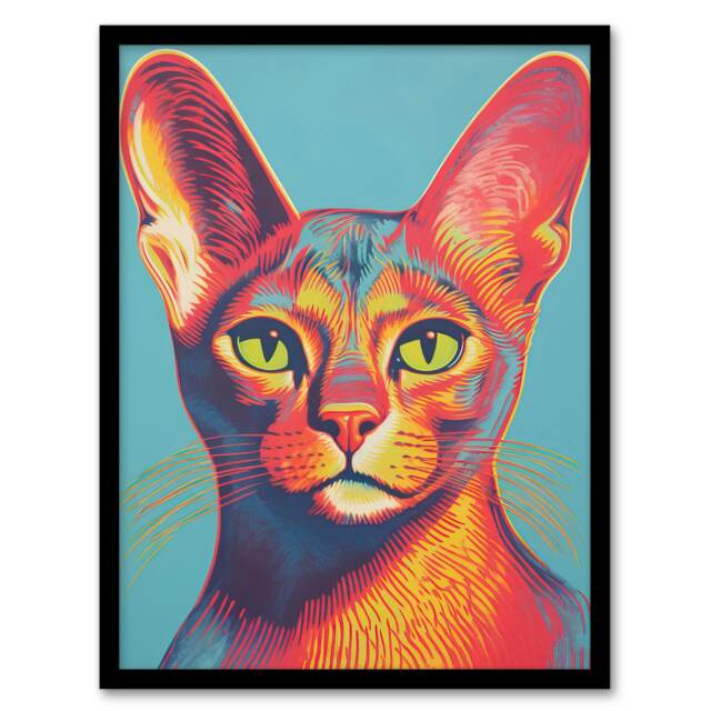 Abyssinian Cat Lino Reduction Red On Bold Black Framed Wall Art Print A4