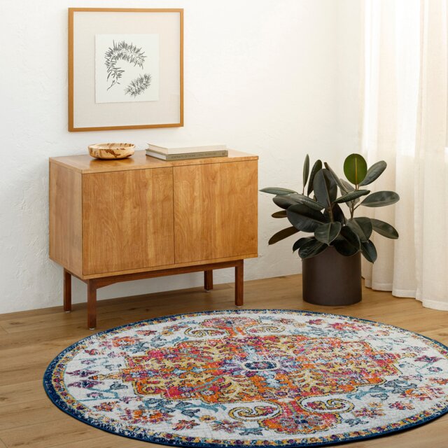 LIVABLISS Harput-Vintage Traditional Boho Round Rug Ø120 cm Blue Orange Yellow Grey